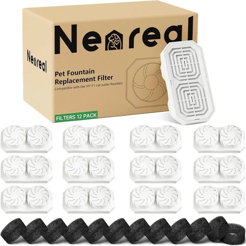 12-Pack Replacement Filters and Pre-Filter Sponges - NEAREAL Pet Fountain New